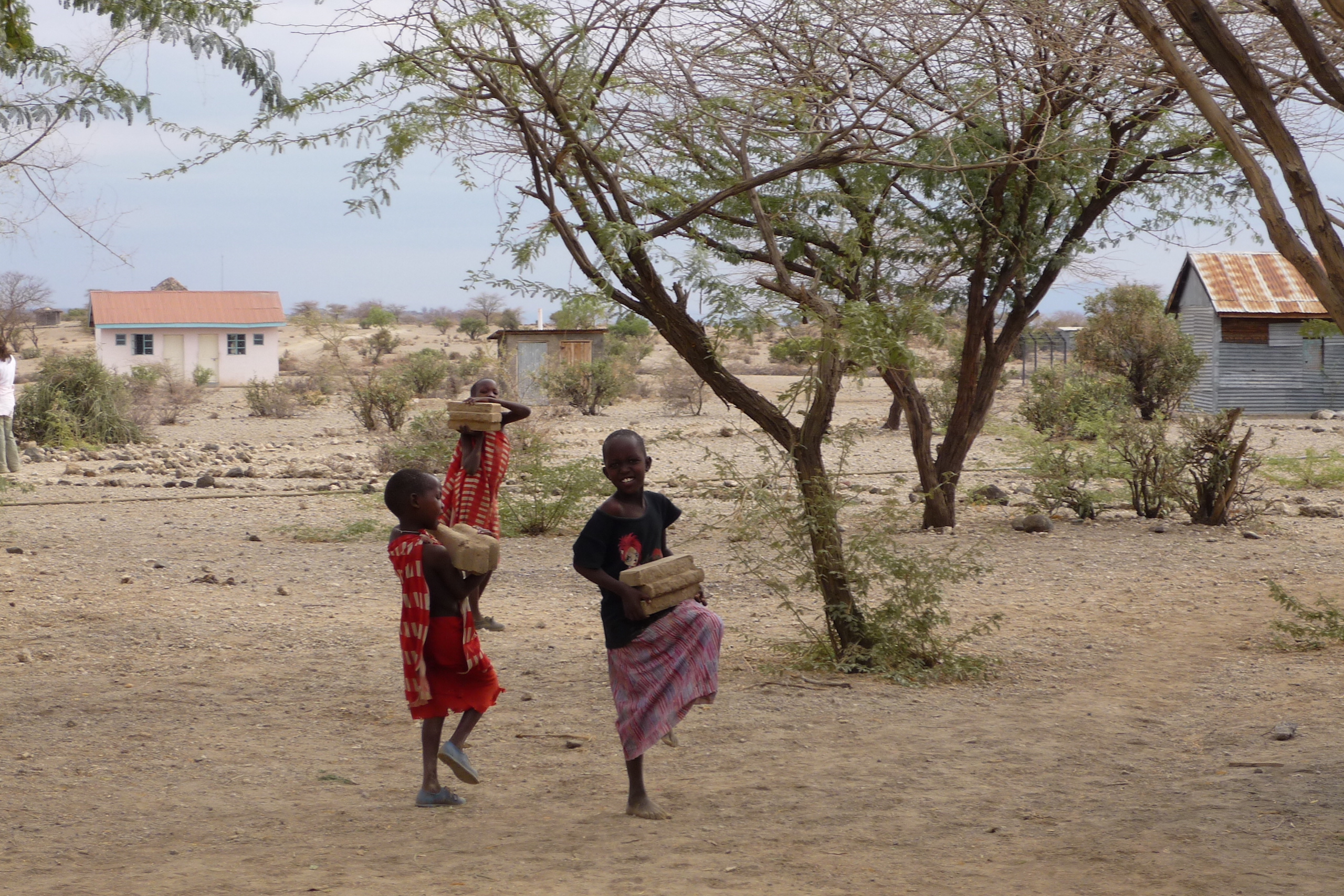 Local work crew carrying compressed earth blocks in Oloika, Kenya